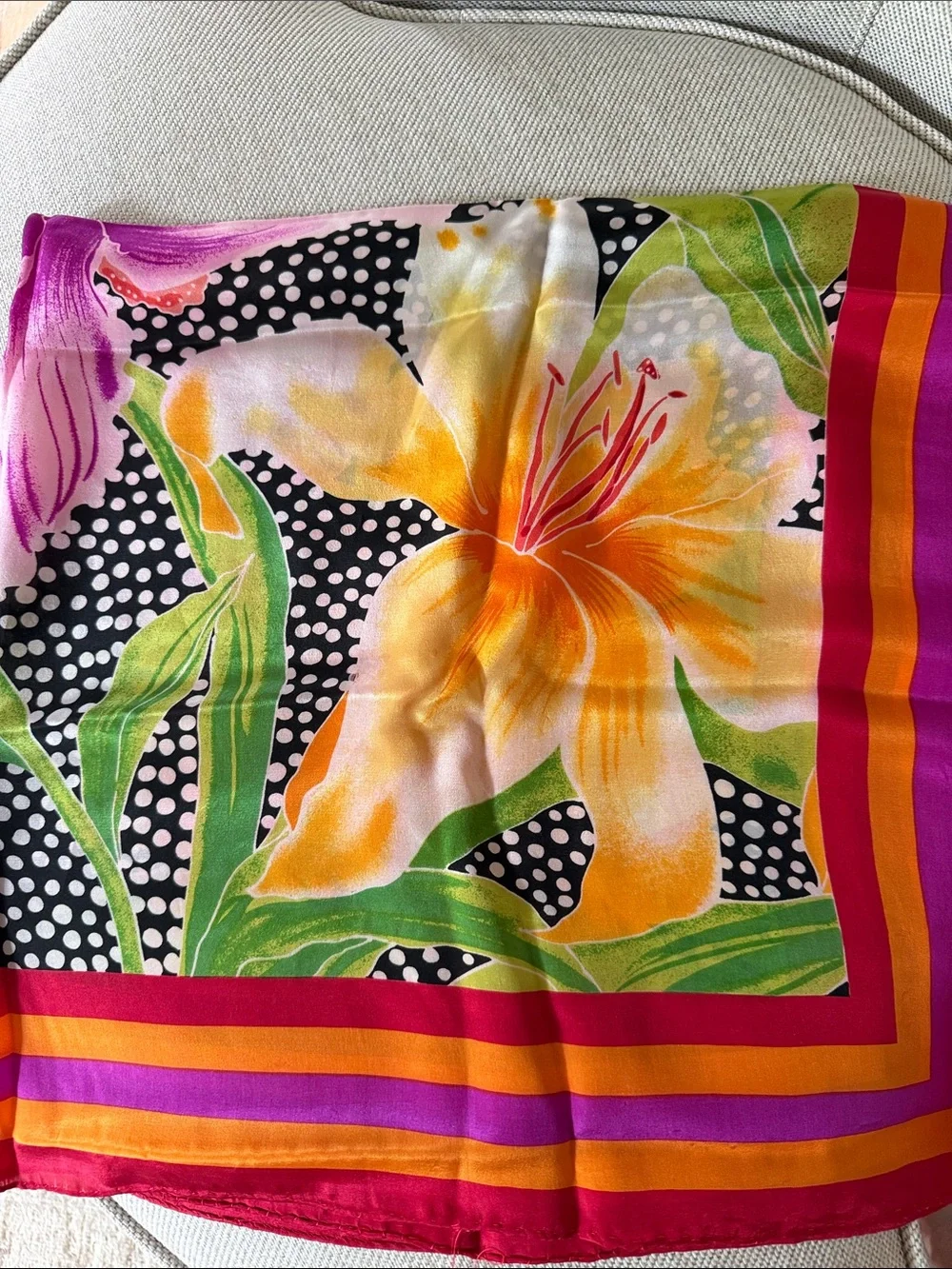 Vintage Vibrant Tropical Floral & Polka Dot Silk Square Scarf